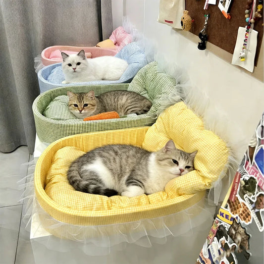 Cute Lace-Trimmed Pet Cat Princess Sofa Bed Four Seasons Washable Removable Soft Plush Oval Small