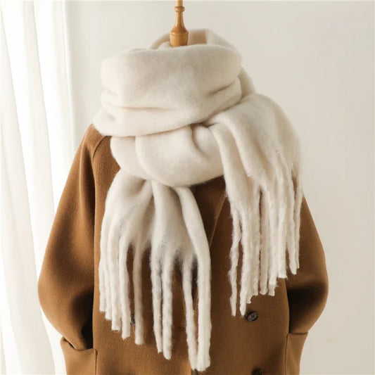 Thick Cashmere Winter Scarf for Women – Solid Blanket Wrap with Tassel