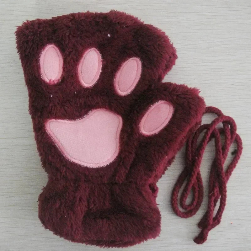 Cute Plush Cat Paw Fingerless Gloves, Warm & Soft Winter Mittens