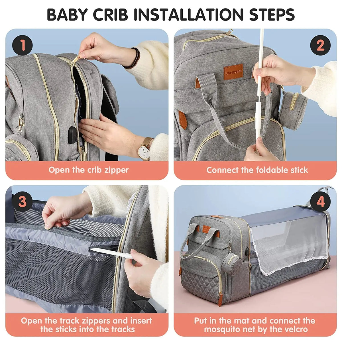 3-in-1 Diaper Bag Backpack with Foldable Baby Bed & USB Charge