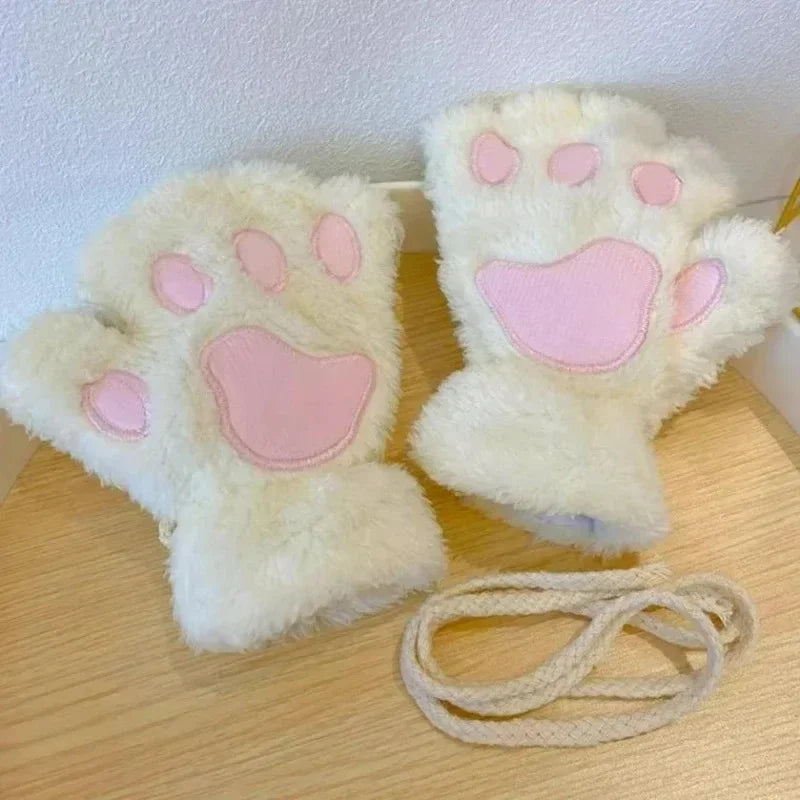 Cute Plush Cat Paw Fingerless Gloves, Warm & Soft Winter Mittens