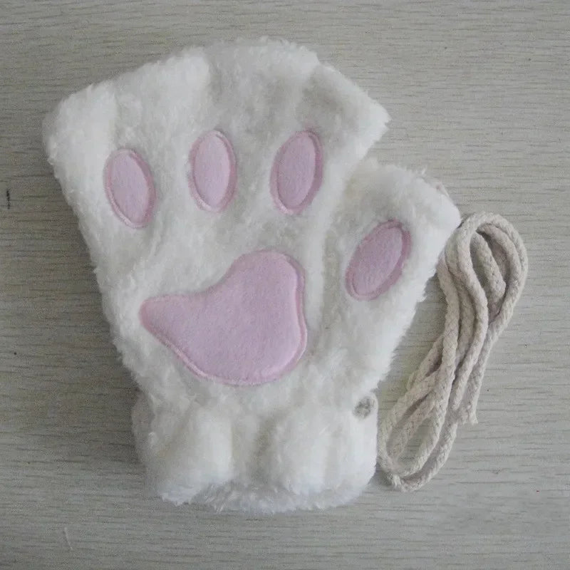 Cute Plush Cat Paw Fingerless Gloves, Warm & Soft Winter Mittens
