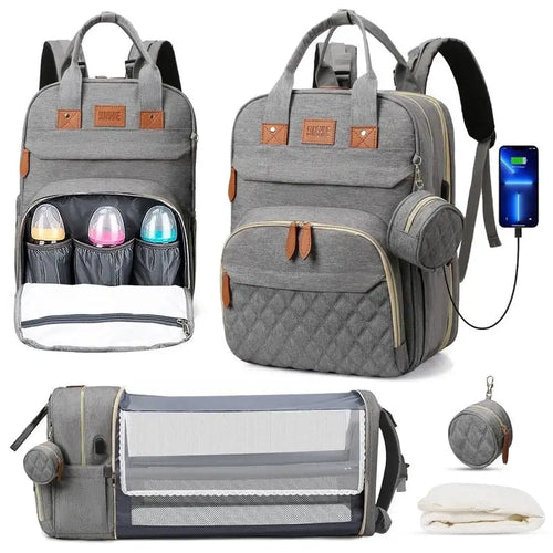 3-in-1 Diaper Bag Backpack with Foldable Baby Bed & USB Charge