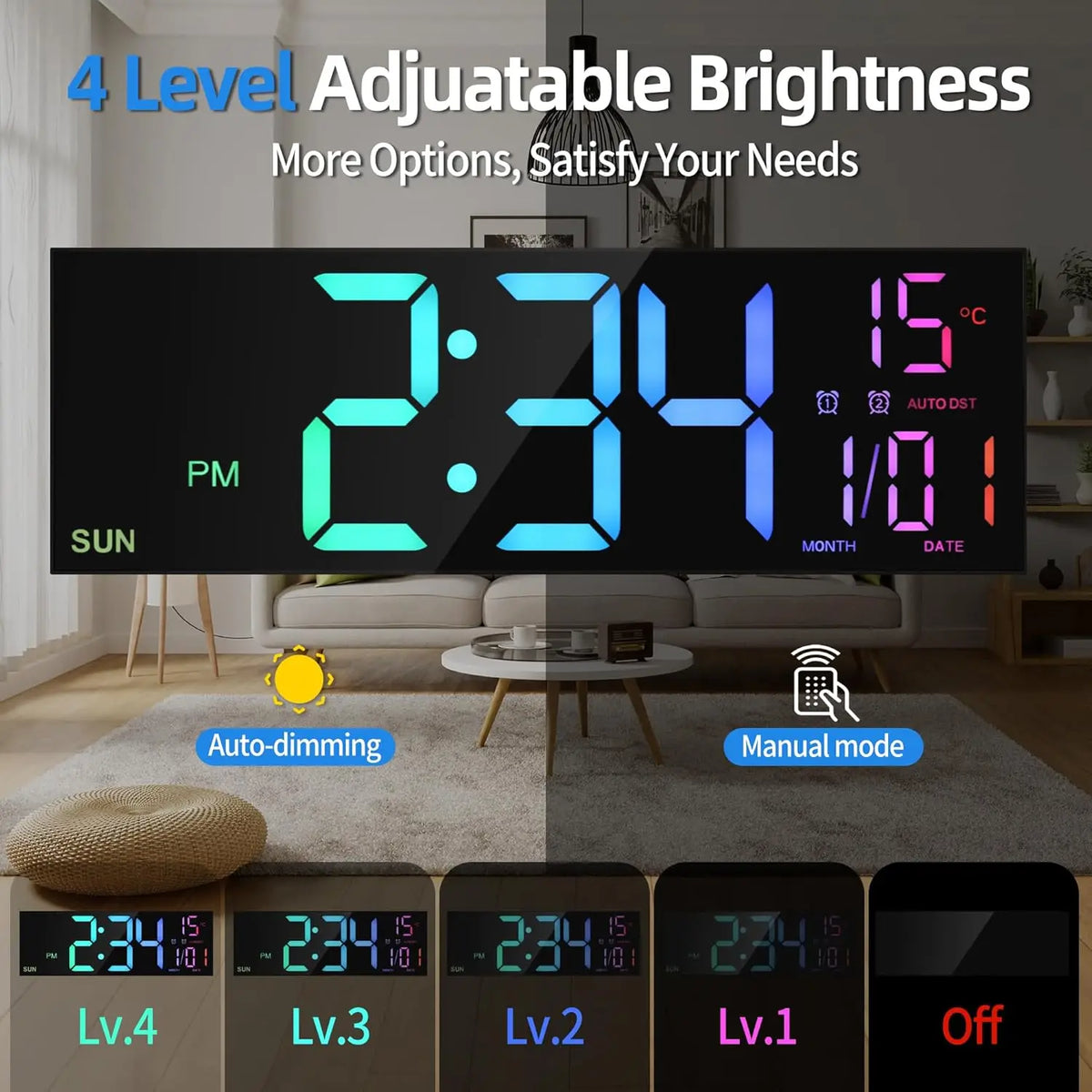 Large LED Digital Wall Clock with Remote – 16 Inch, 8 Colors