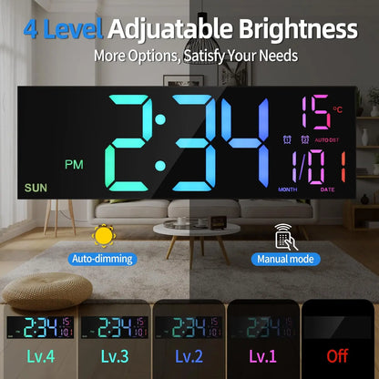 Large LED Digital Wall Clock with Remote – 16 Inch, 8 Colors