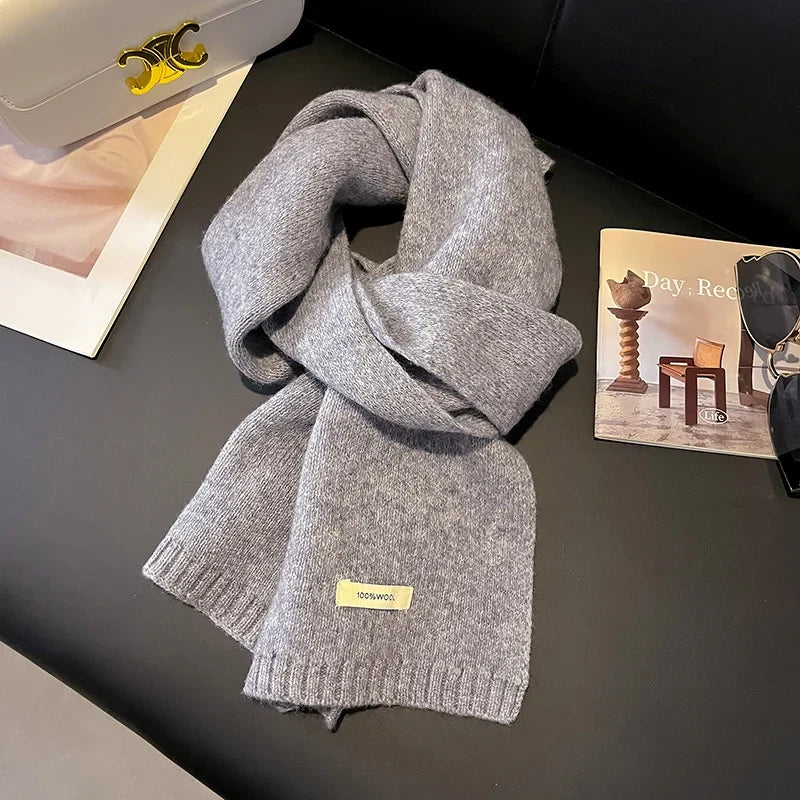 100% Wool Knitted Scarf – Women's Thick Solid Color Winter Shawl