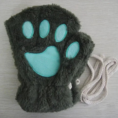 Cute Plush Cat Paw Fingerless Gloves, Warm & Soft Winter Mittens