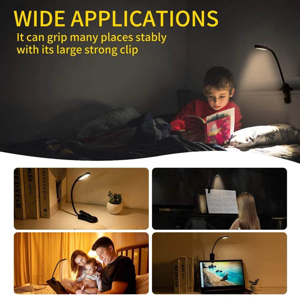 LED Book Light USB Rechargeable Clip-On Reading Lamp 7 LEDs 3 Color Modes