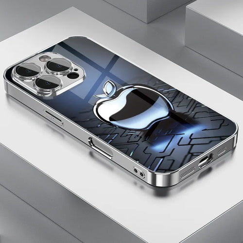 Tempered Glass iPhone Case – 3D Metal Apple Tech Pattern, Electroplated