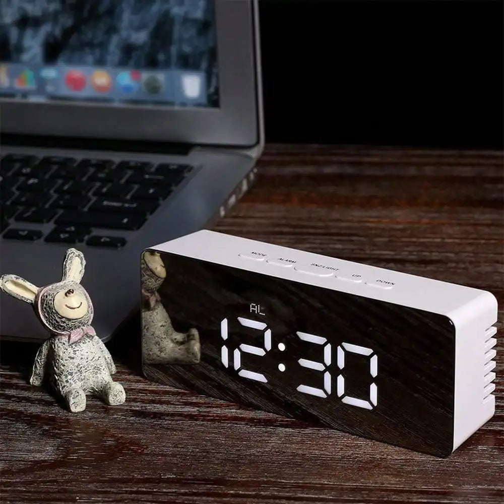 Digital Alarm Clock with Mirror Display & Adjustable Brightness