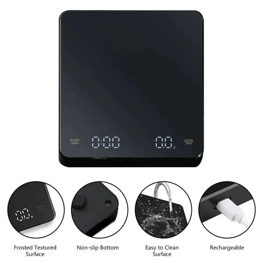 LED Digital Kitchen Scale with Timer – USB, 3kg/0.1g, Espresso Coffee