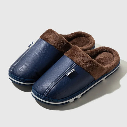 Plus Size PU Leather Fur Lined Winter Slippers for Men & Women