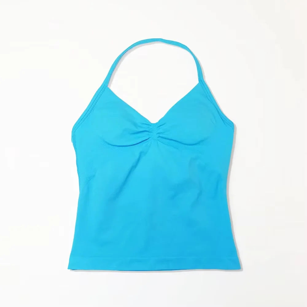 Nclagen Gym Longline Strappy Top Women Seamless Yoga Tank Removable Pads V Neck Workout Clothes