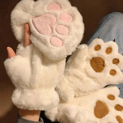 Cute Plush Cat Paw Fingerless Gloves, Warm & Soft Winter Mittens