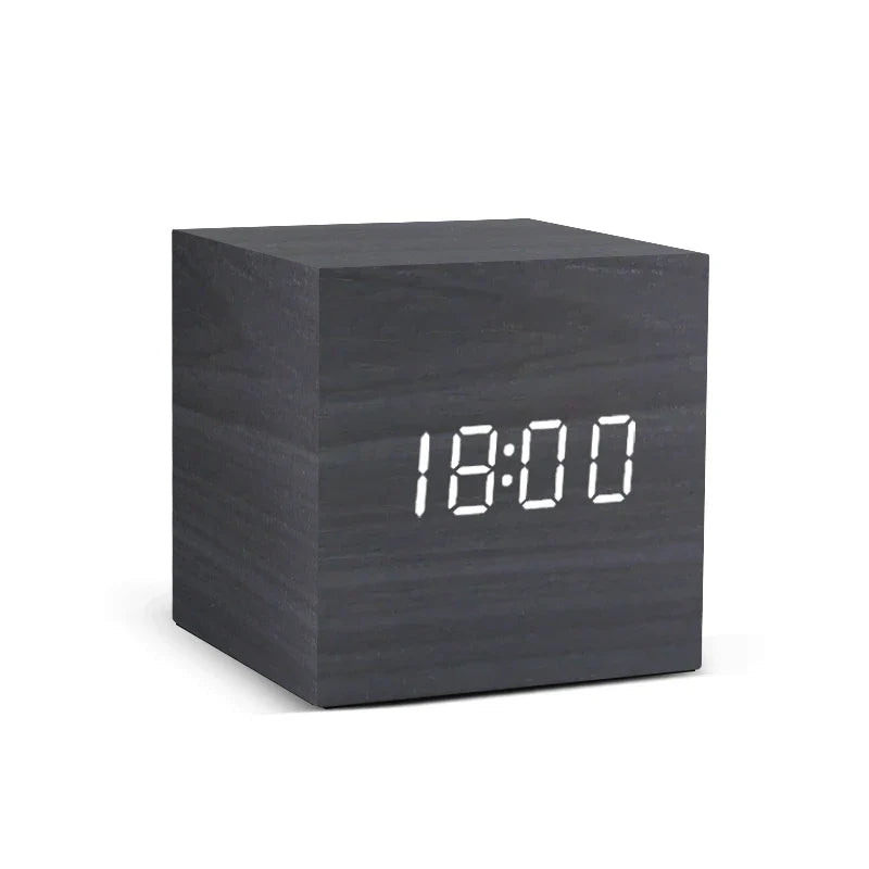 Wooden LED Digital Alarm Clock – Voice Control, Temp & Humidity