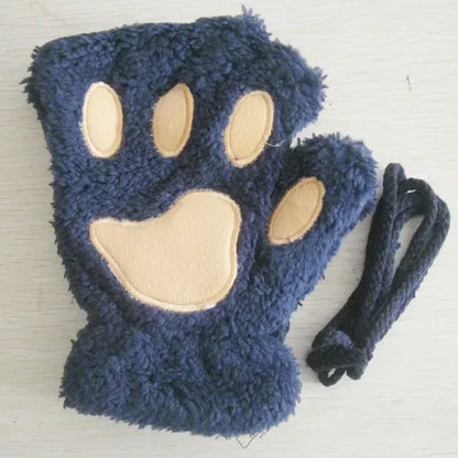 Cute Plush Cat Paw Fingerless Gloves, Warm & Soft Winter Mittens