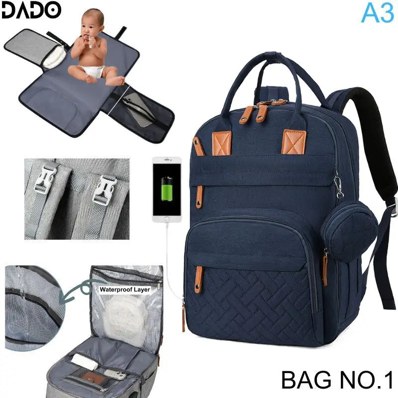 Diaper Bag Backpack with Changing Station & USB Port