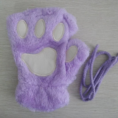 Cute Plush Cat Paw Fingerless Gloves, Warm & Soft Winter Mittens