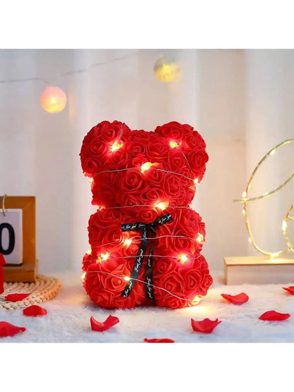 Rose Teddy Bear Gift – Artificial Flower Bear with LED Lights