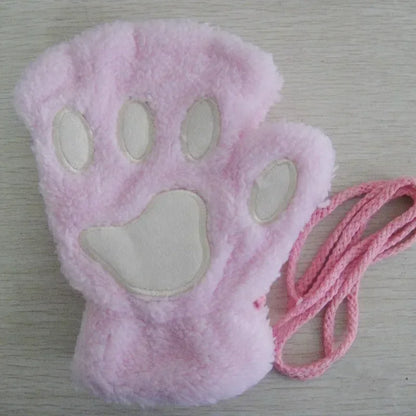 Cute Plush Cat Paw Fingerless Gloves, Warm & Soft Winter Mittens