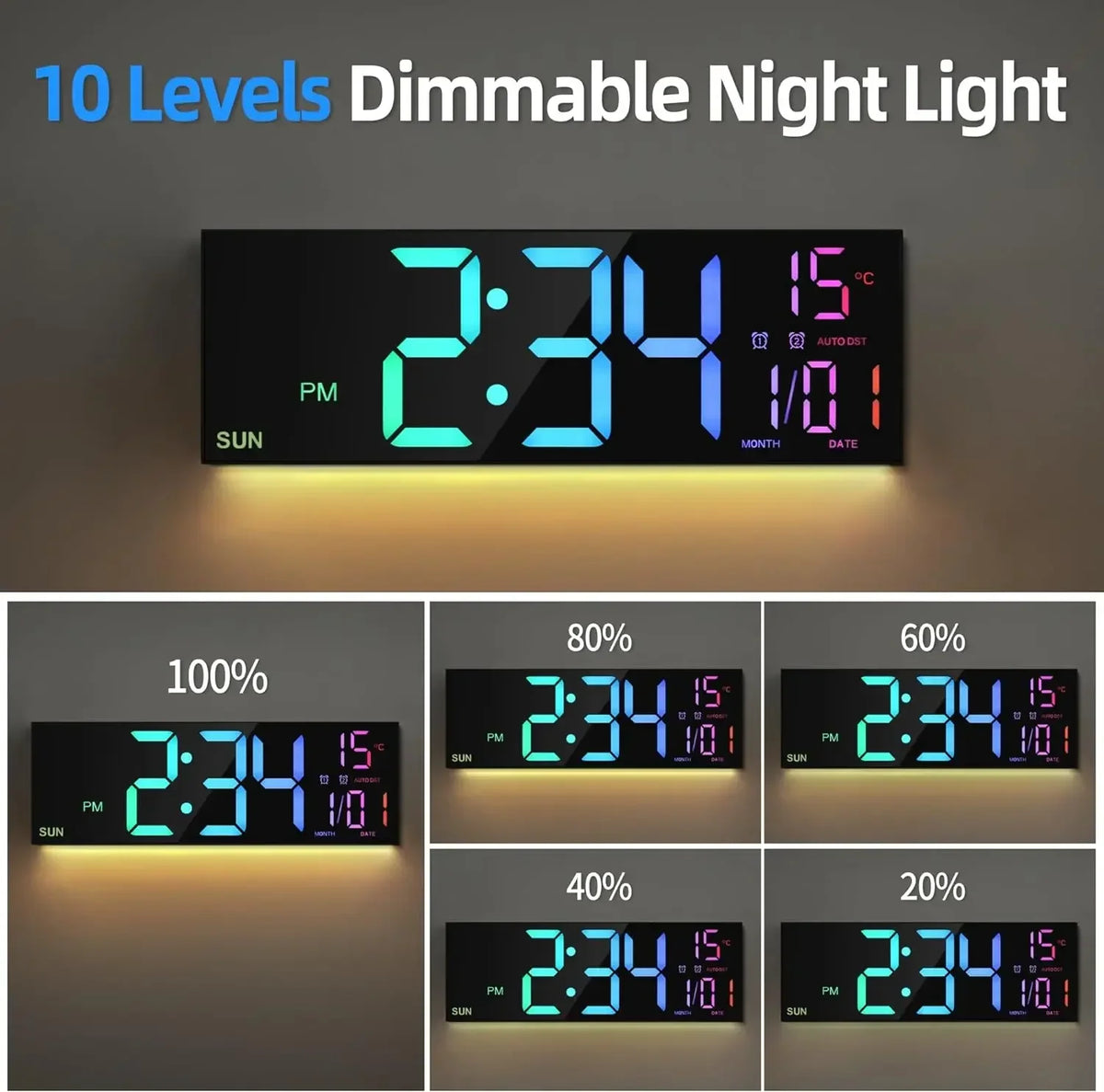 Large Digital Wall Clock with Remote Control & LED Display