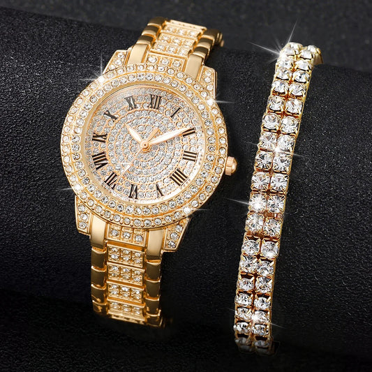 Diamond Women's Watch & Bracelet Set – Luxury Quartz
