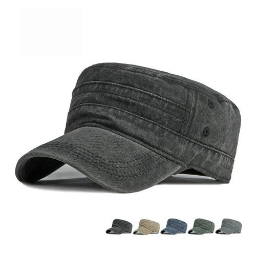 Military Flat Top Cap – Washed Cotton Army Hat for Men & Women