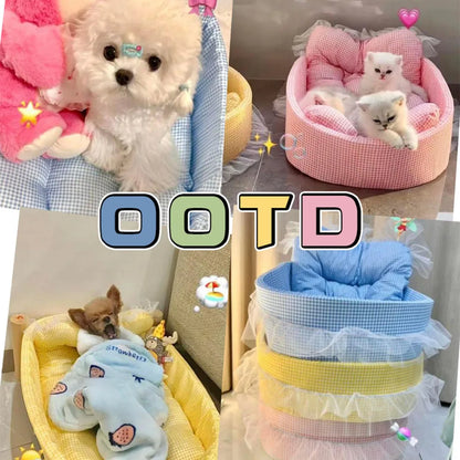 Cute Lace-Trimmed Pet Cat Princess Sofa Bed Four Seasons Washable Removable Soft Plush Oval Small