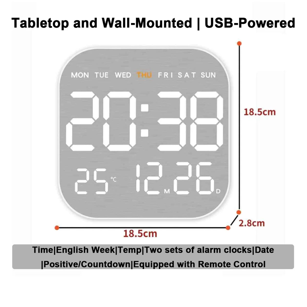 LED Digital Alarm Clock – Temp Display, Remote, Wall or Desk