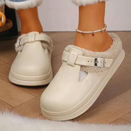 Women's Waterproof EVA Furry Mule Slippers with Buckle