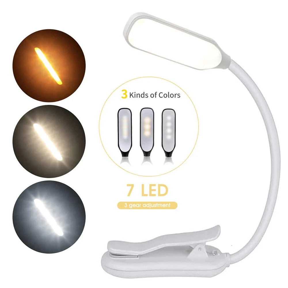LED Book Light USB Rechargeable Clip-On Reading Lamp 7 LEDs 3 Color Modes