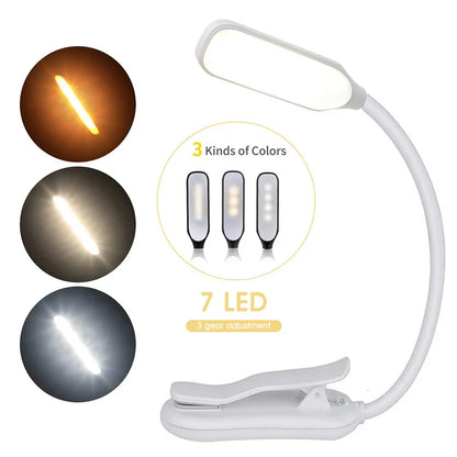 LED Book Light USB Rechargeable Clip-On Reading Lamp 7 LEDs 3 Color Modes