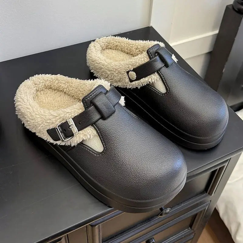 Women's Waterproof EVA Furry Mule Slippers with Buckle