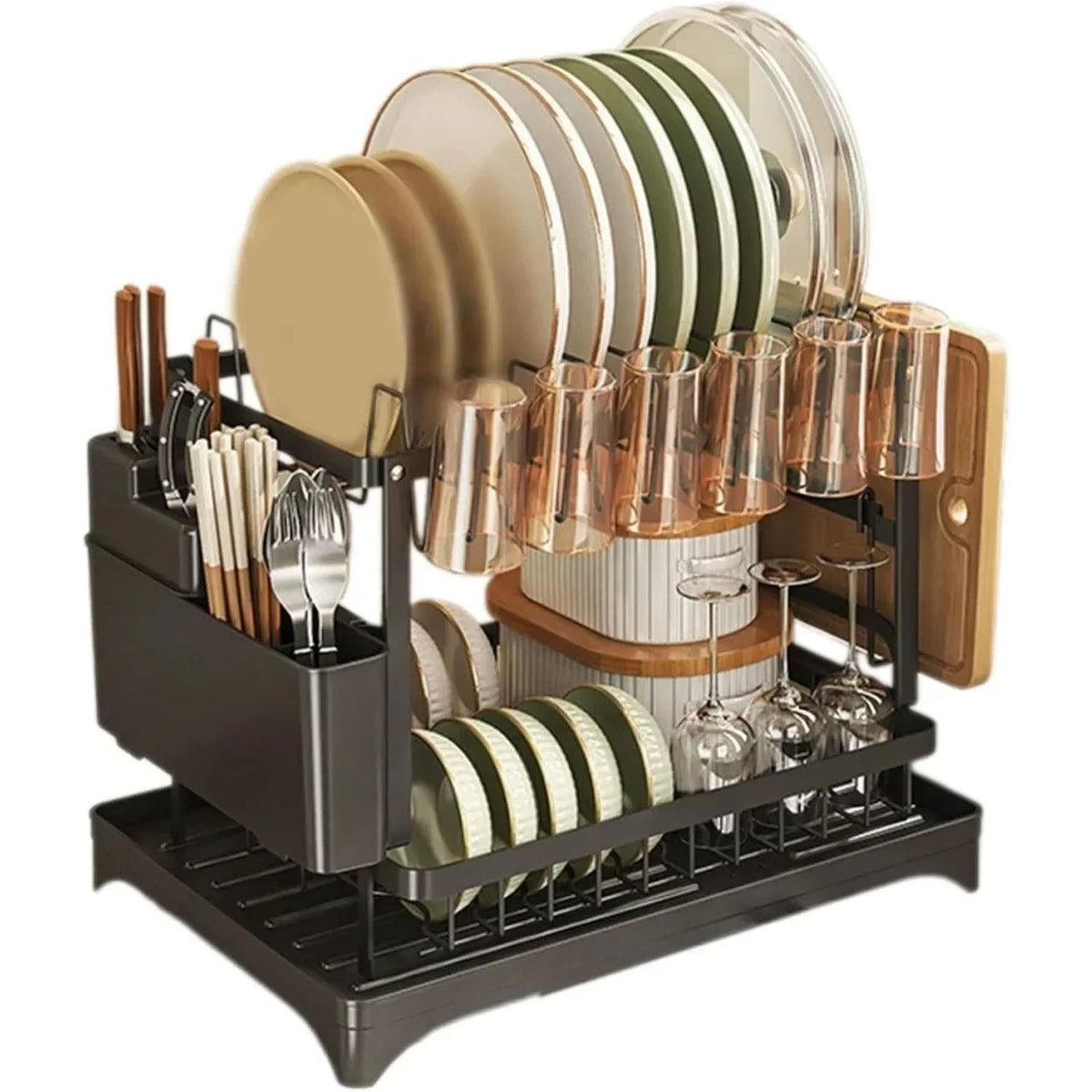2-Tier Dish Drying Rack with Drainer Tray & Utensil Holder
