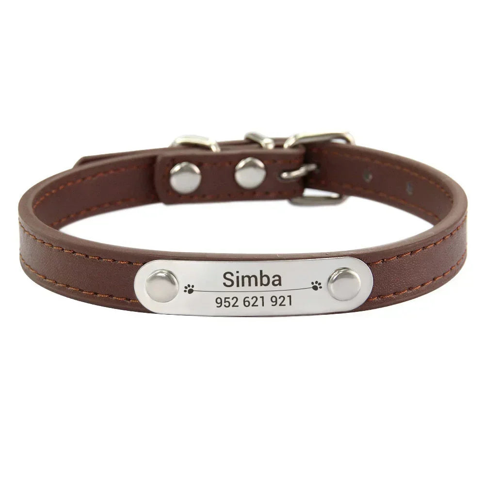 Personalized Dog Collar Name Carved Id Anti-Lost Solid Pu Leather Small Medium Large Dogs Puppy Cat