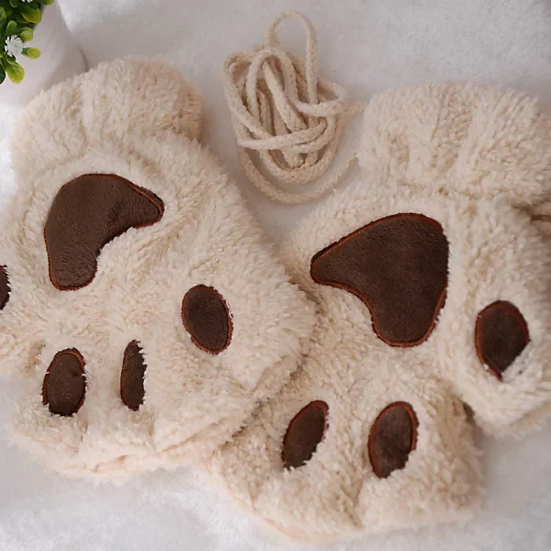 Cute Plush Cat Paw Fingerless Gloves, Warm & Soft Winter Mittens