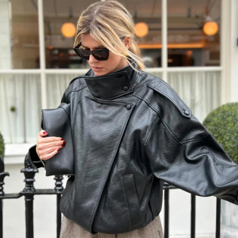 Women's Oversized Faux Leather Bomber Jacket – Zip-Up Cropped Coat
