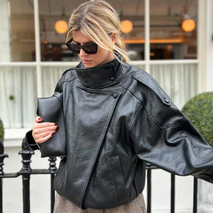 Women's Oversized Faux Leather Bomber Jacket – Zip-Up Cropped Coat