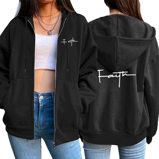Faith Print Zip-Up Hoodie Sweatshirt for Women