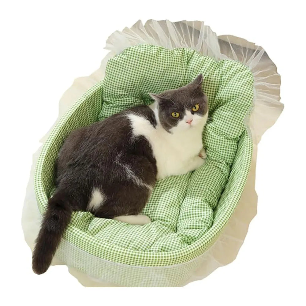 Cute Lace-Trimmed Pet Cat Princess Sofa Bed Four Seasons Washable Removable Soft Plush Oval Small