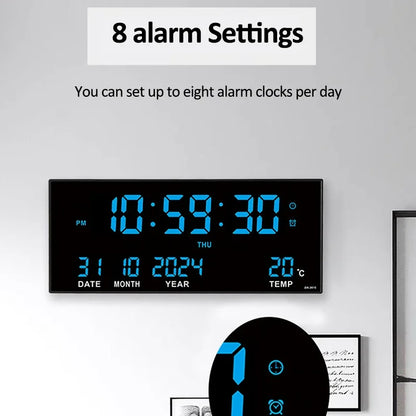 Large LED Digital Wall Clock with Alarm, Date & Temperature Display