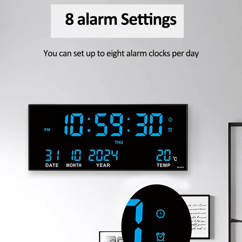 LED Digital Wall Clock with Alarm, Temperature & Calendar Display