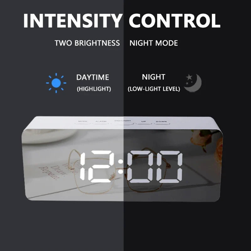 LED Digital Alarm Clock with Temperature Display – Mirror Desk Clock
