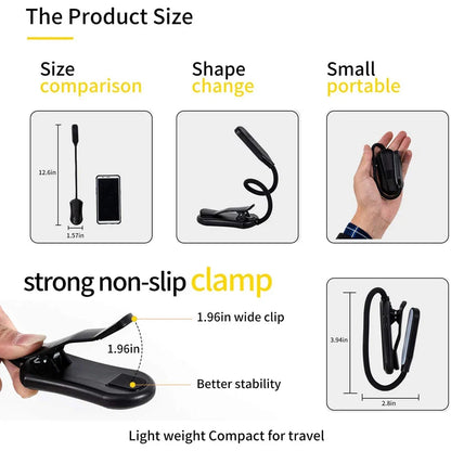 LED Book Light USB Rechargeable Clip-On Reading Lamp 7 LEDs 3 Color Modes