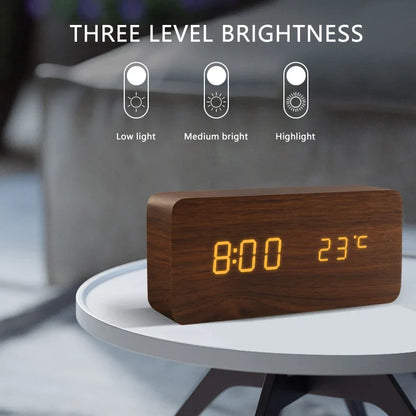 Wooden LED Digital Alarm Clock – Voice Control, Temp & Humidity
