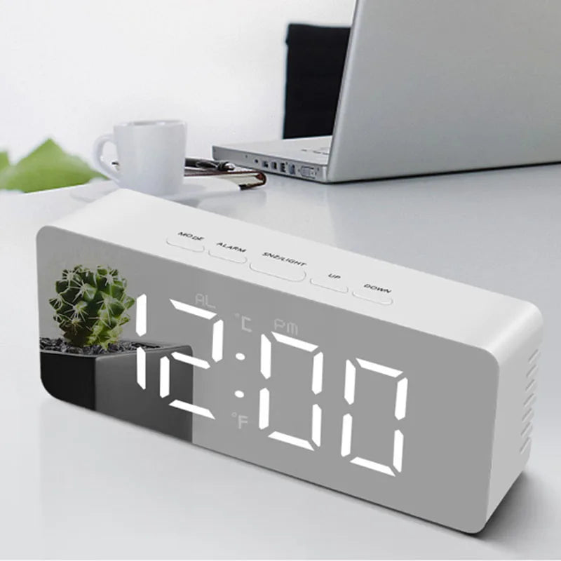 LED Digital Alarm Clock with Temperature Display – Mirror Desk Clock
