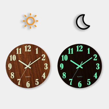 Luminous Wall Clock – Silent Wooden Nordic Glow-in-the-Dark Quartz Clock