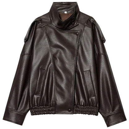 Women's Oversized Faux Leather Bomber Jacket – Zip-Up Cropped Coat