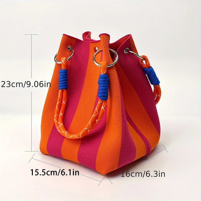 Retro Knitted Color Block Bucket Handbag