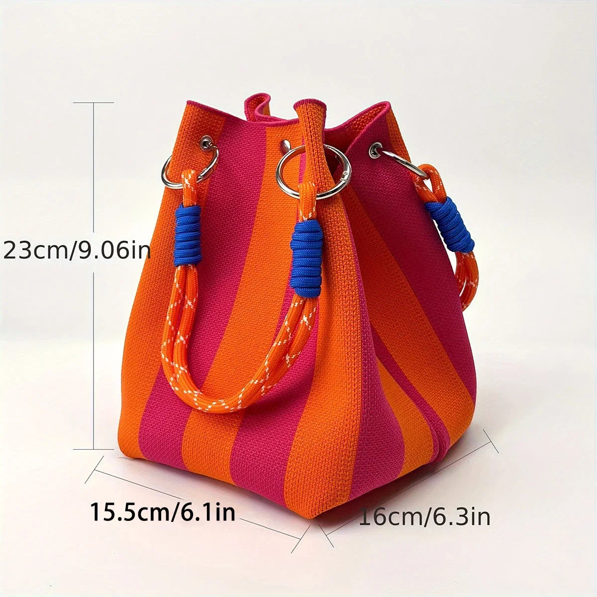 Color-Block Knitted Bucket Bag – Retro Striped Handbag